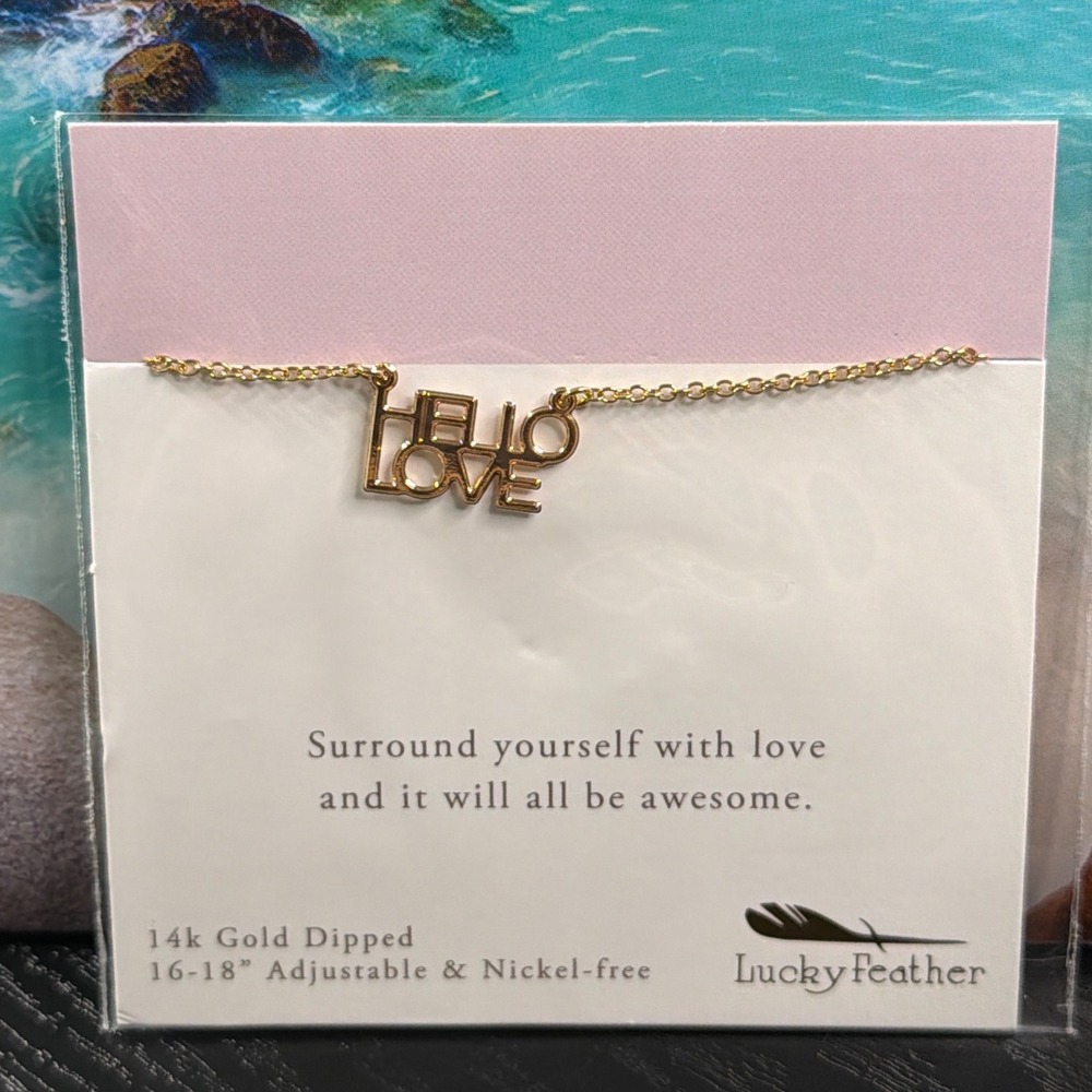 Lucky Feather Hello Love Necklace 14k Gold Dipped 16-18 Adjustable